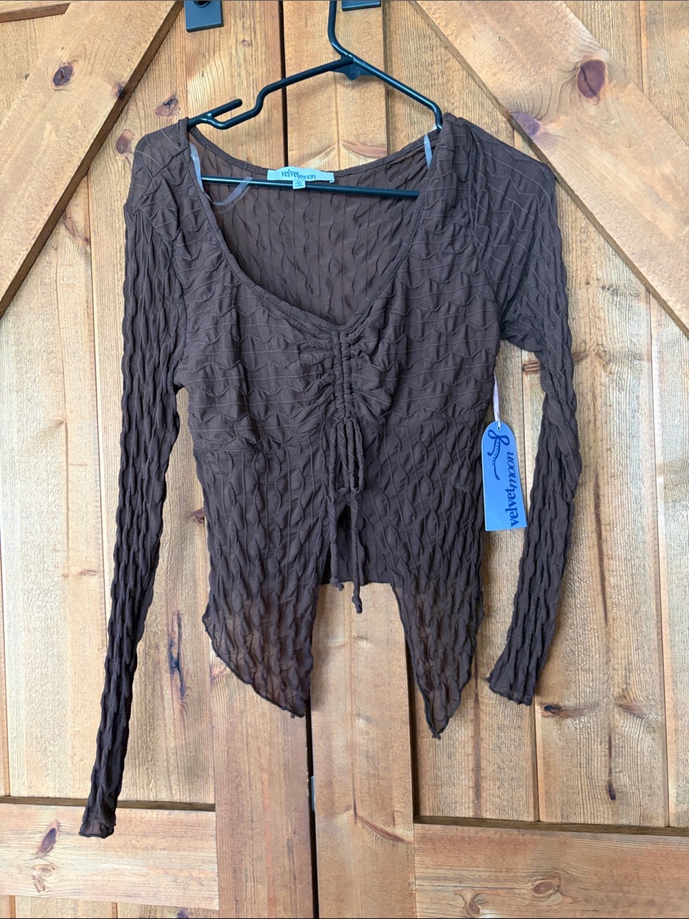 Everly Chocolate Brown Ruched Tie-Front Long Sleeve Top